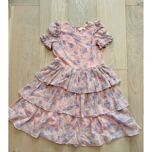 LoveShackFancy Girls Pink Floral Tiered Ruffle Dress Size 5-6Y Flutter Sleeve